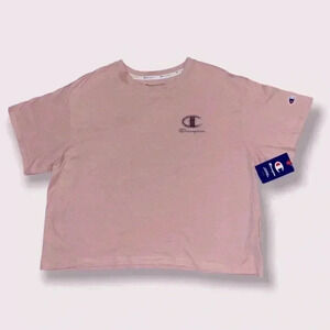 NWT Champion Women’s Crop Short Sleeve Tee Houndstooth Embroidered Logo Pink M